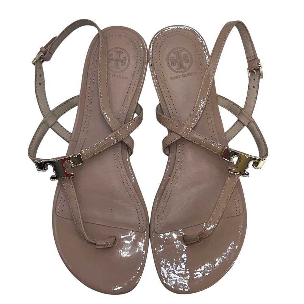 Tory Burch Sling Beige Sandals Gold Logo Medallion Size Women's‎  9 M